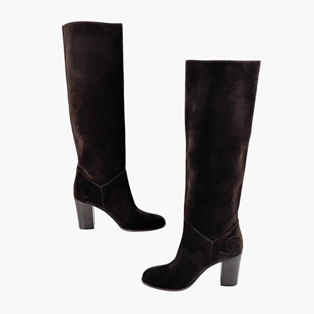 Chanel CC Dark Brown Suede Knee High Riding Boots Block Heel Size 37 US 6-6.5 - Picture 10 of 13